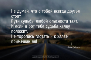Не думай, что с тобой всегда друзья стоят.
Пути судьбы любой опасности тая...