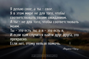 Я делаю свое, а ты – свое.
Я в этом мире не для того, чтобы соответствова...